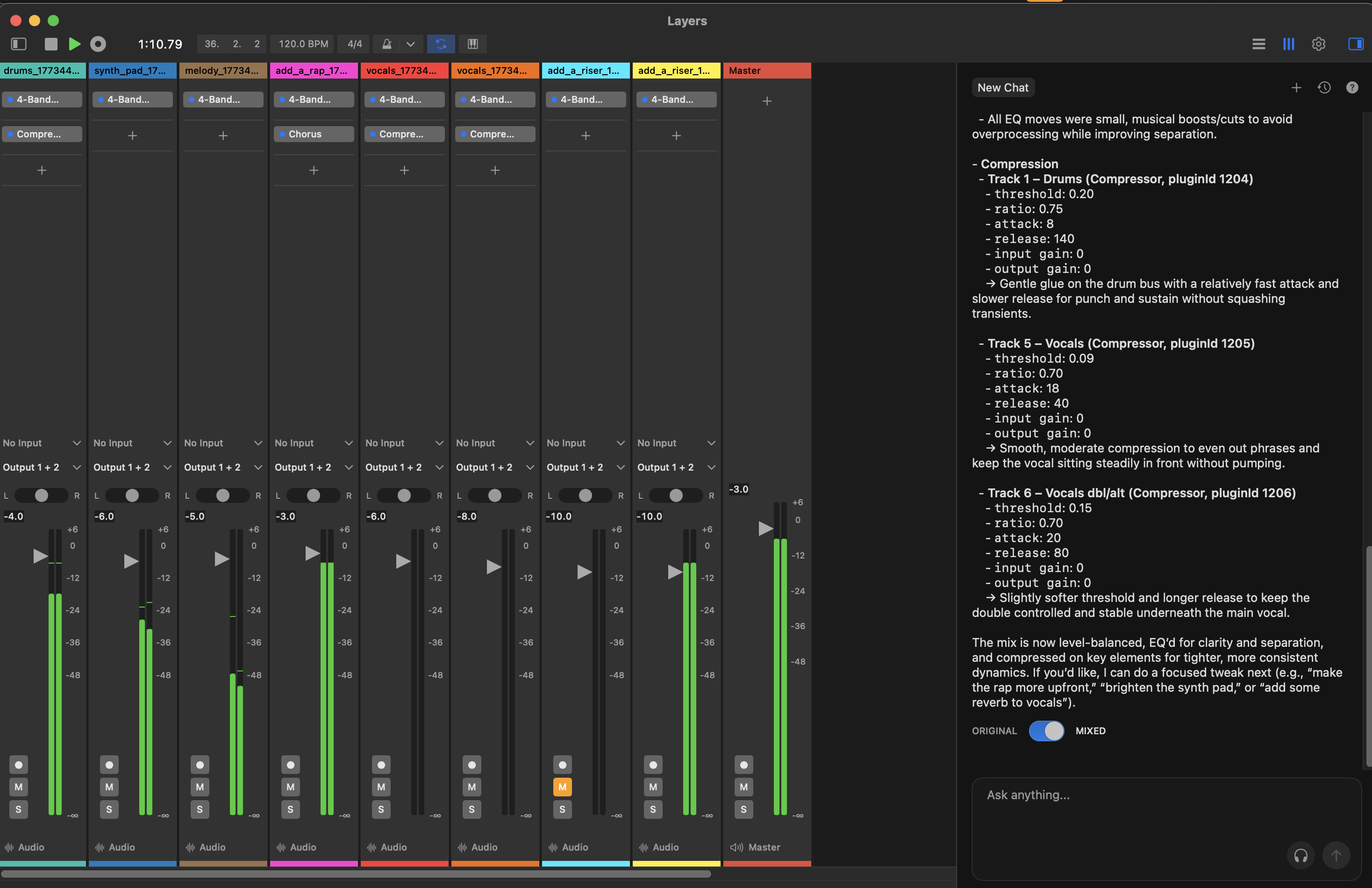 Flowtonik mix view with AI mixing controls and automation lanes