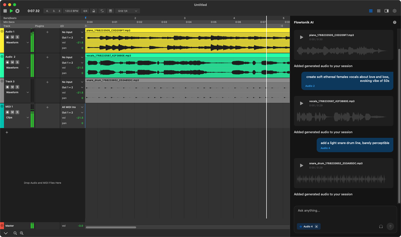 Flowtonik DAW interface — a full production environment compared to Suno's prompt-based generation